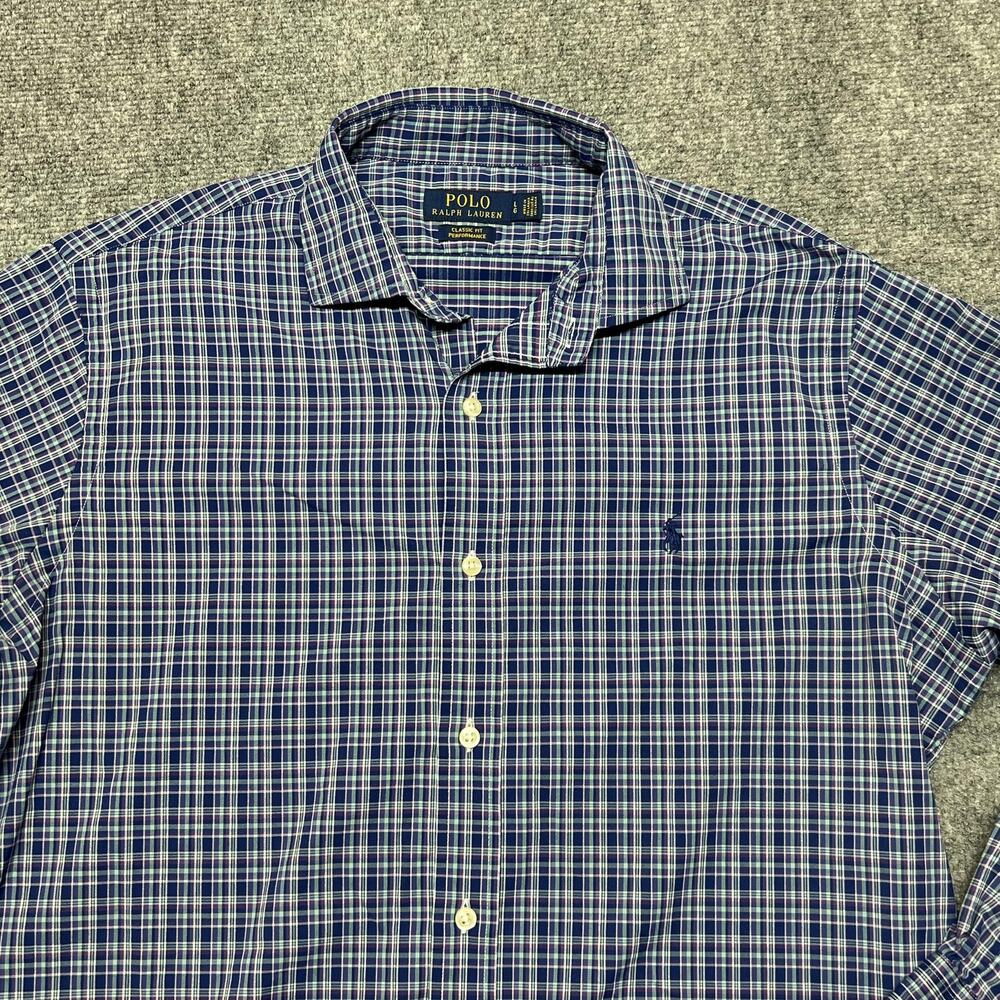 Polo Ralph Lauren Shirt Mens Large Blue Plaid Classic Fit Performance Button-Up